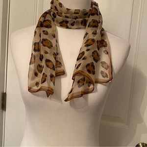 BURMEL SCARF VINTAGE CREAM BROWN BLACK SHEER ANIMAL PRINT HAND ROLLED RECTANGLE